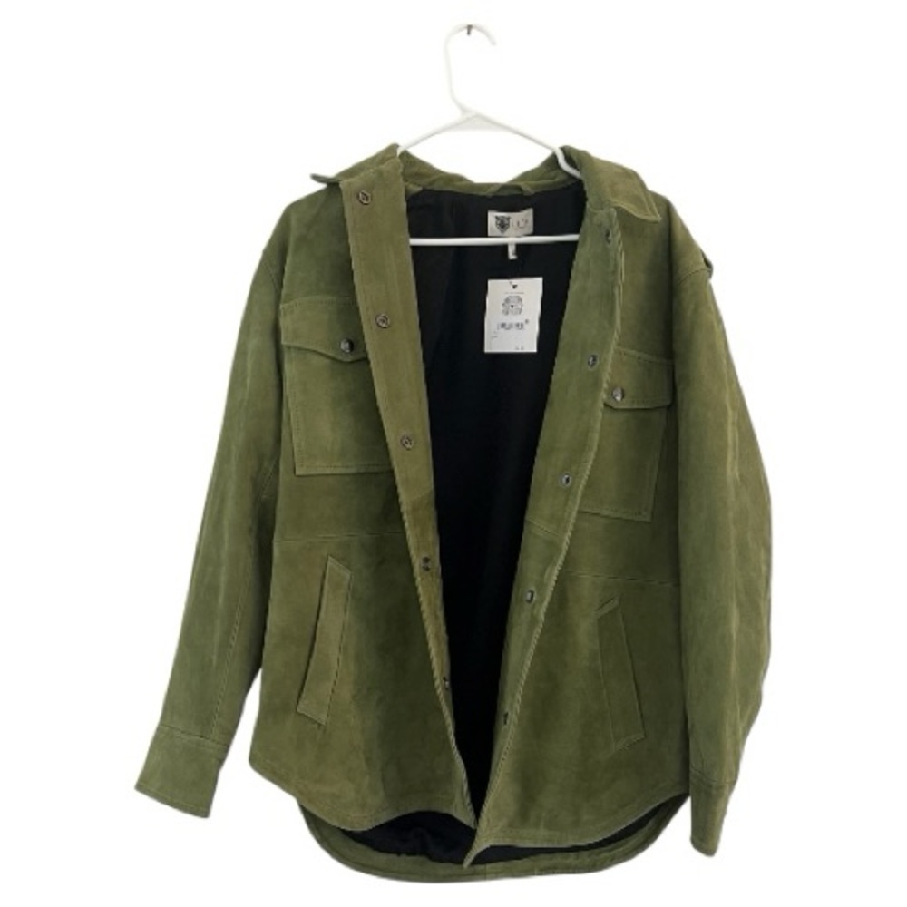 Women's Olive Green Suede Utility Jacket with Snap Closures